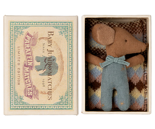 SLEEPY WAKEY BABY MOUSE IN MATCHBOX - BLUE